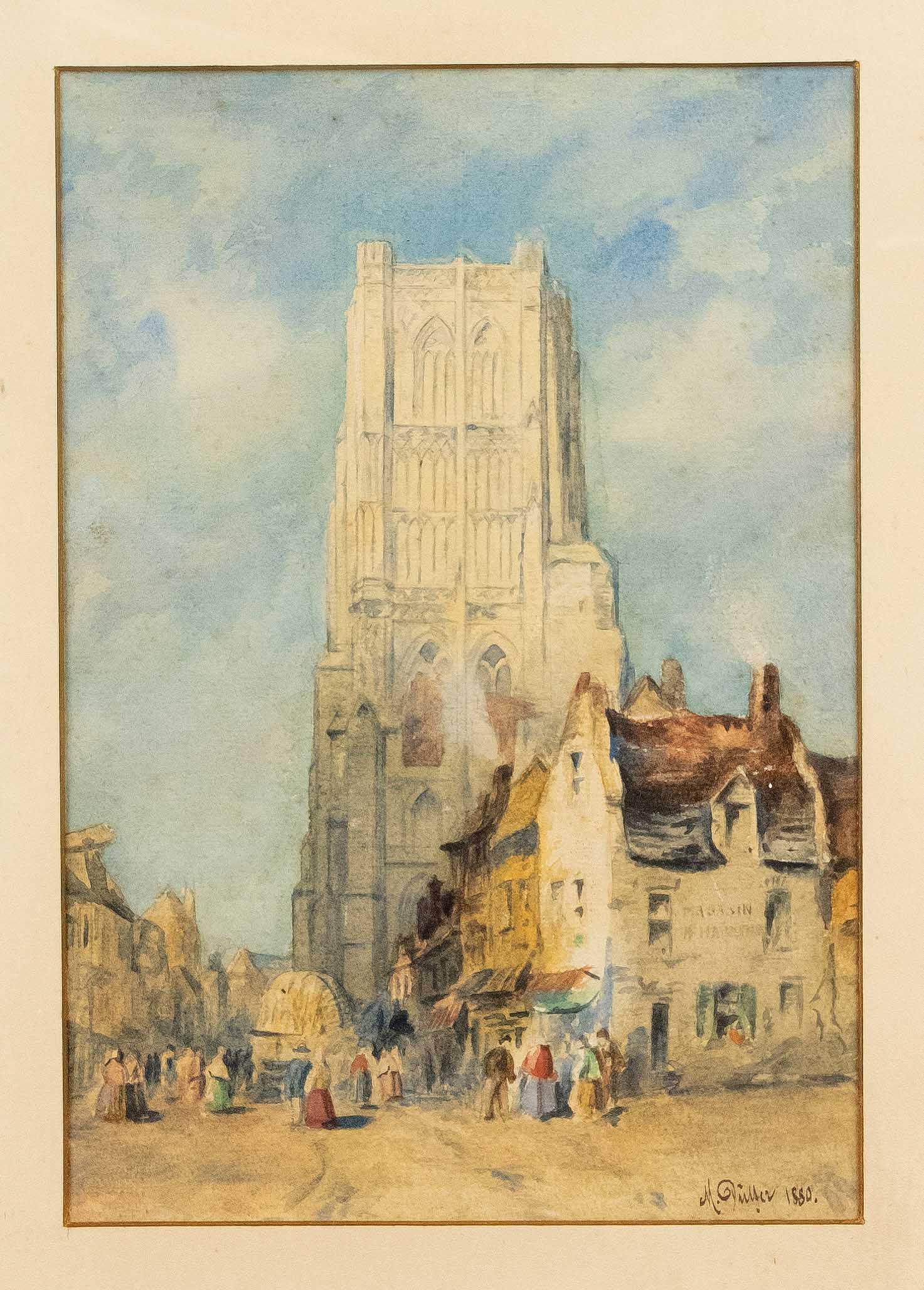 Martin DÃ¼lfer (1859-1942), pai: Martin DÃ¼lfer (1859-1942), painter born in Breslau. French or Belgian, Gothic cathedral in provincial town with rich staffage, watercolor on paper, signed lower right a. dated 1880, 30.5 x 21 cm, f