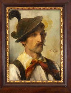 Wilhelm Leibl (1844-1900) (att: Wilhelm Leibl (1844-1900) (attrib.), Portrait of a young man with feathered hat and twirled beard, oil on cardboard, signed/inscribed ''W. Leibl'', 35 x 24 cm, framed 55 x 45 cm