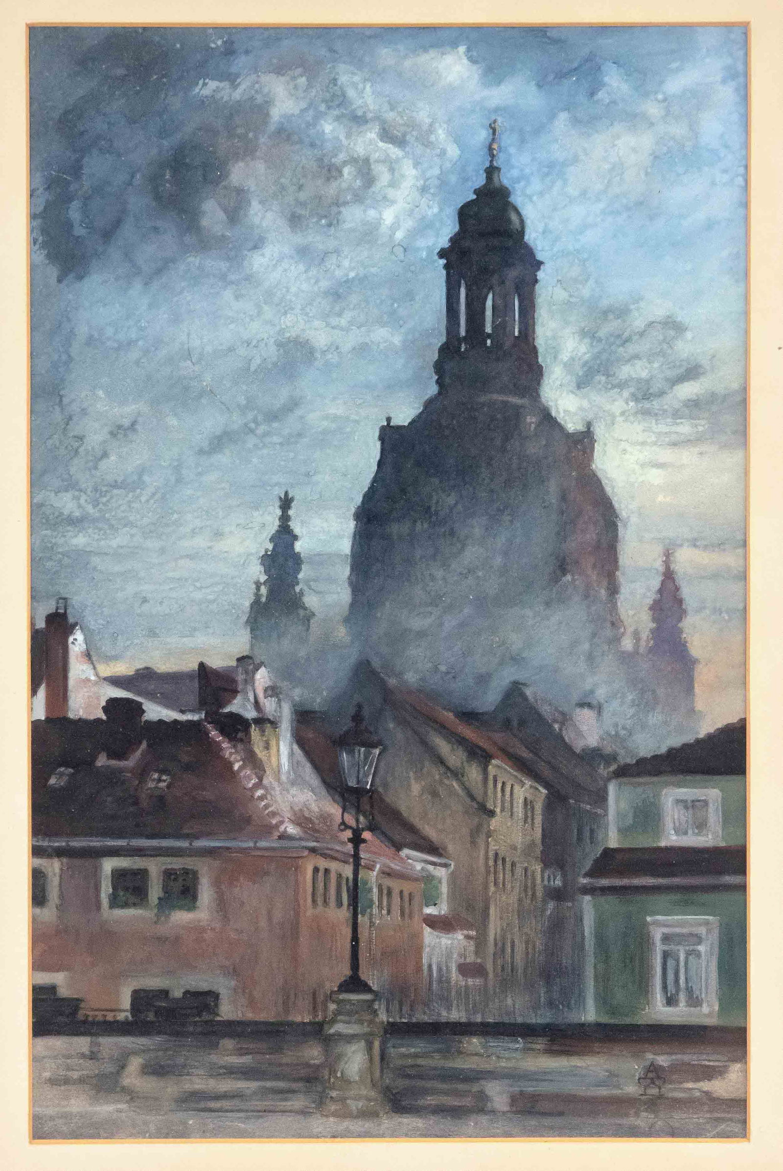 monogramist A., 1st half 20th: monogramist A., 1st half 20th century, view of Dresden with the silhouette of the Frauenkirche, gouache on paper, lower right monogram A on two wine glasses, 51 x 34 cm, framed behind glass a. passepa
