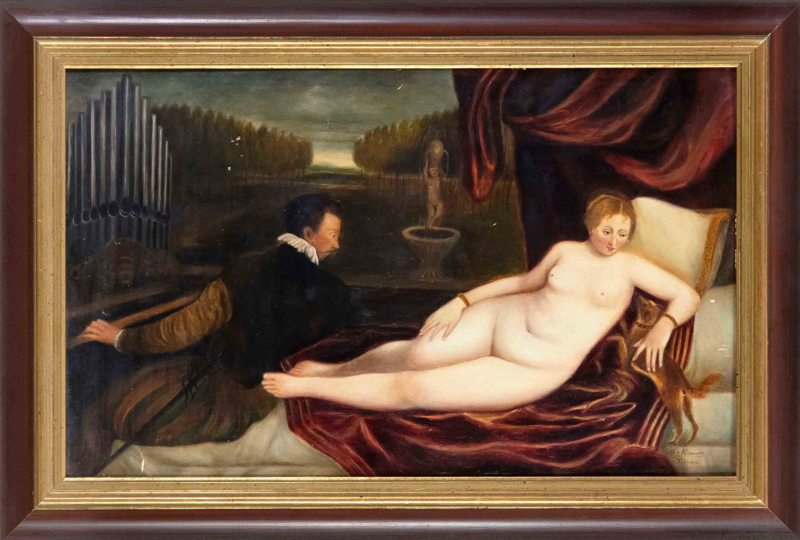 M. v. Almassy, 1st half of the: M. v. Almassy, 1st half of the 20th century, Venus and the Organ Player, copy after Titian, oil on plywood, signed lower right, 28 x 44 cm, framed 37 x 53 cm
