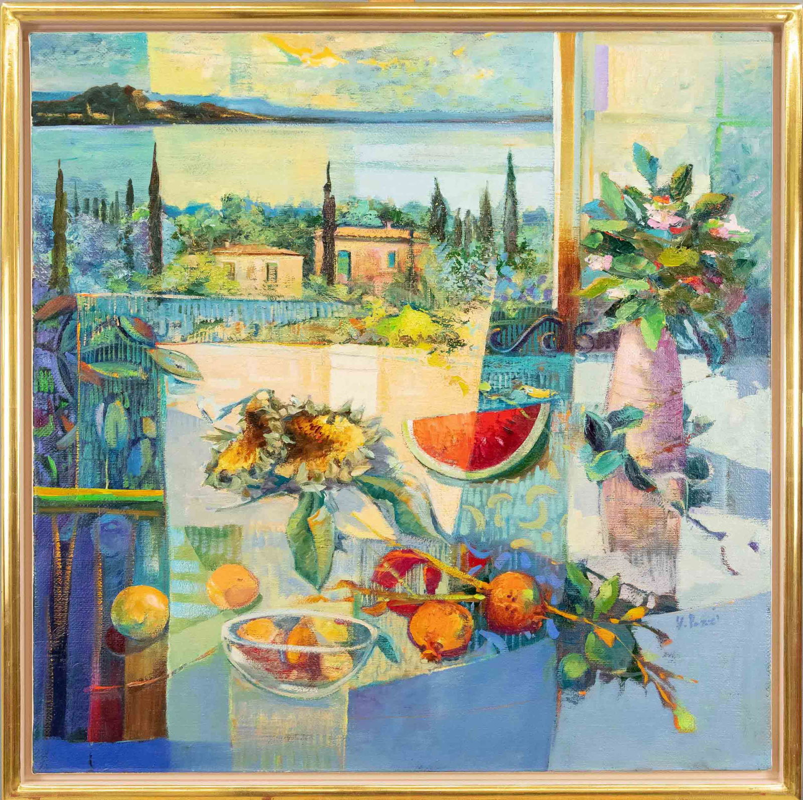 V. Pozzi, late 20th century, l: V. Pozzi, late 20th century, large still life with melon in front of maritime landscape, oil on canvas, signed lower right ''V. Pozzi'', 80 x 80 cm, in shadow gap frame 86 x 86 cm