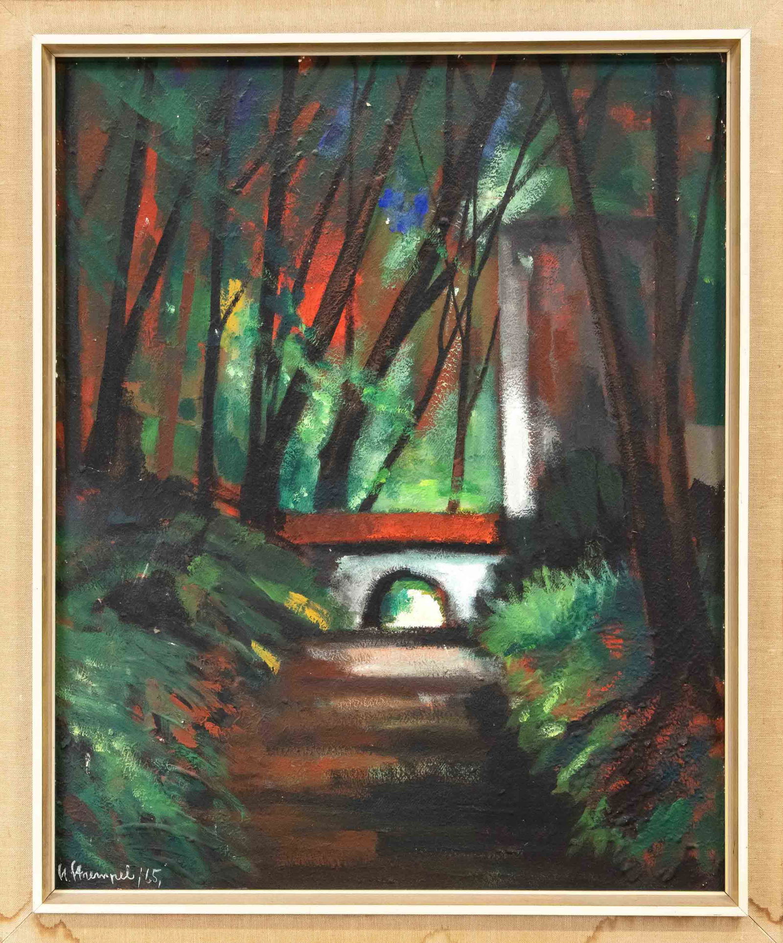Horst Strempel (1904-1975), Ge: Horst Strempel (1904-1975), German painter a. graphic artist, studied in Breslau under Otto Mueller a. Oskar Moll a. in Berlin under Karl Hofer. Woodland with gateway, oil on cardboard, signed a. date