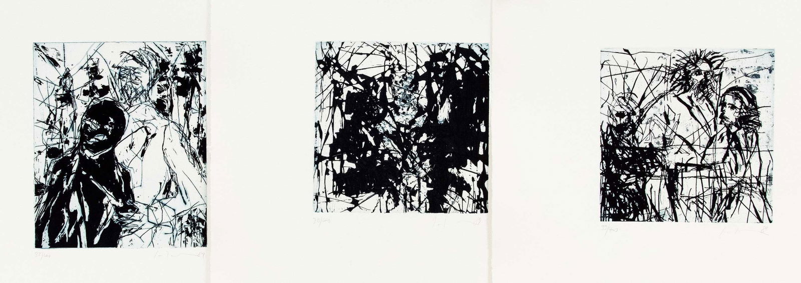 Friedemann Hahn (*1949), maste: Friedemann Hahn (*1949), master student of Karl Otto GÃ¶tz at the DÃ¼sseldorf Art Academy. Set of three abstract figurative aquatint etchings, signed lower right by hand a. dated (19)89, lower lef