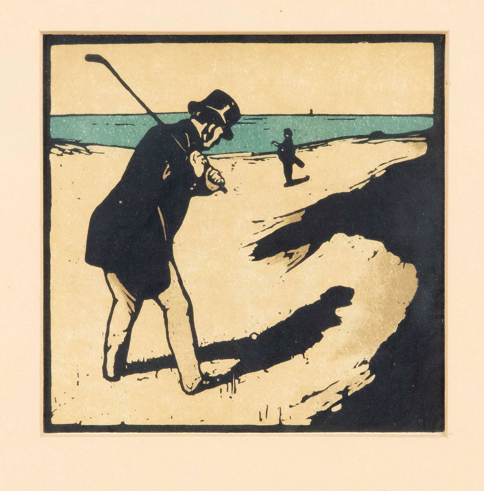 William Nicholson (1872-1949),: William Nicholson (1872-1949), Golfer on the Beach, color lithograph after the woodcut from: An Almanac of Twelve Sports/ October, London 1898. 20 x 20 cm, framed behind glass and passepartout 45 x 40
