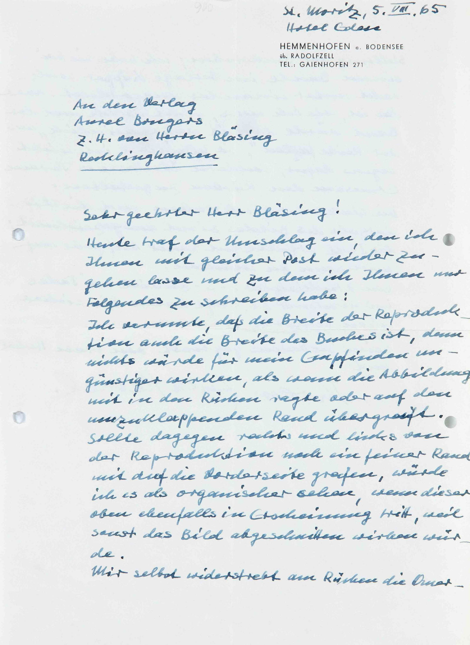 Erich Heckel autograph -- two-: Erich Heckel autograph -- two-page letter dated 5.8.65 about printing details to Mr. BlÃ¤sing of the Aurel Bongers Verlag Recklinghausen, on stationery from Hemmenhofen at Lake Constance, signed by
