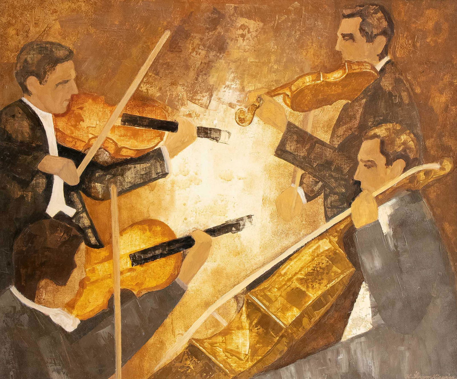 Kazimierz Sramkiewicz (1914-19: Kazimierz Sramkiewicz (1914-1998), Polish painter and art professor in Gdansk. ''Kwartet Smyczkowy'', Four Strings, acrylic on canvas, 1992, signed lower right, inscribed on label verso, 70 x 85 cm, i