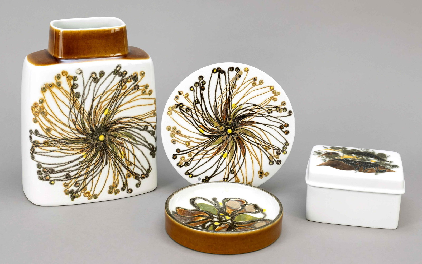 Four ornamental pieces, Royal: Four ornamental pieces, Royal Copenhagen Faience, late 20th c., stoneware, painted in brown and green or ocher, design probably Johanne Gerber, vase, h. 20 cm, coaster, Ã˜ 14 cm, bowl, Ã˜ 11,5 cm,