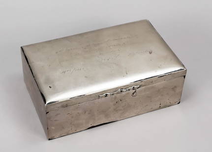 Large cigar box, German, circa 193: Large cigar box, German, circa 1930, maker's mark Gottlieb Kurz, SchwÃ¤bisch GmÃ¼nd, silver 830/000, straight form, domed and hinged hinged lid engraved with dedication and dated, wooden interior