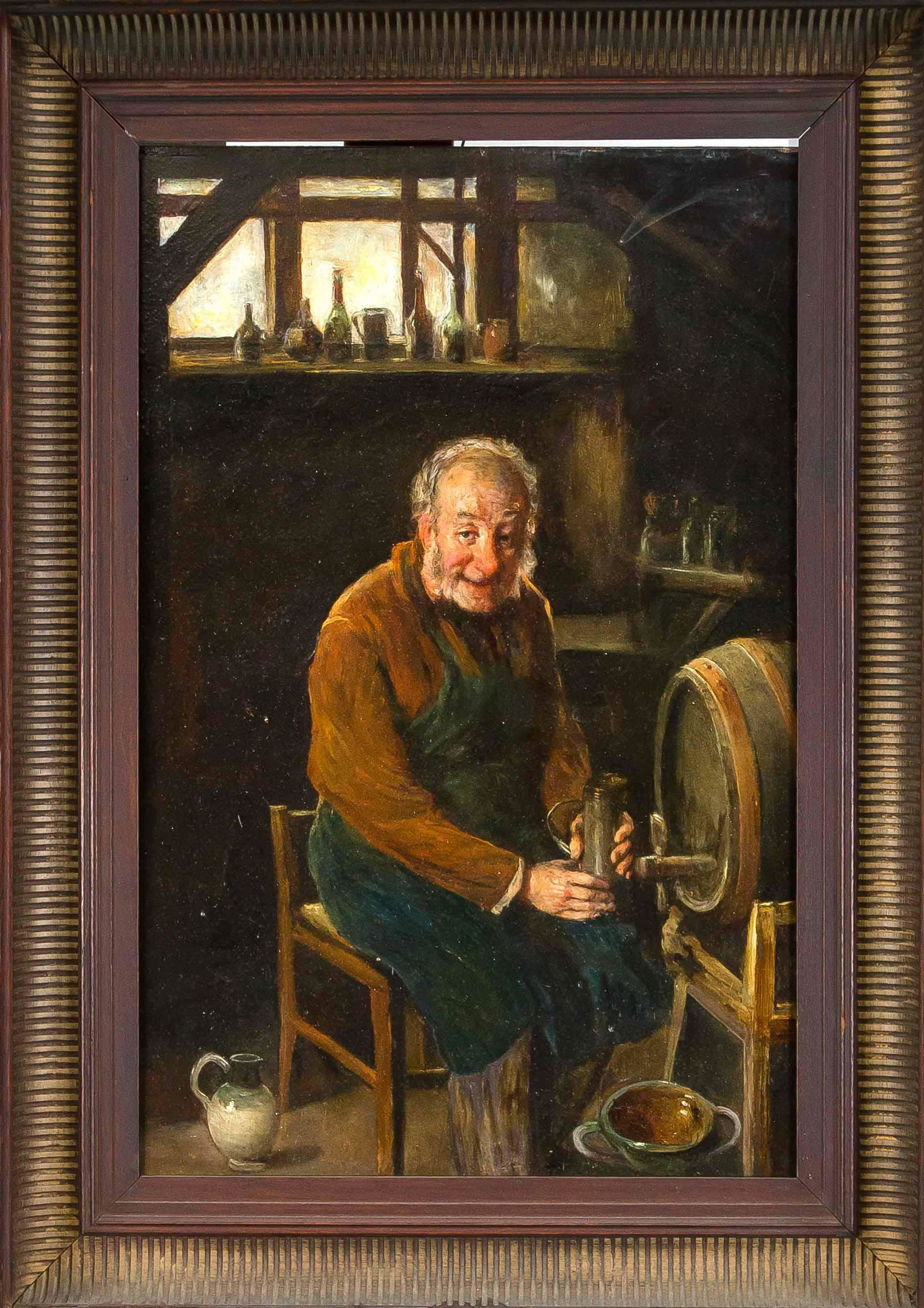 Hermann Kern (1838-1912) (attr: Hermann Kern (1838-1912) (attrib.), Austrian genre painter. Braumeister at the barrel, oil on wood, unsigned, verso monogrammed and french reproduction ban, 47 x 31 cm, framed 64 x 47 cm.