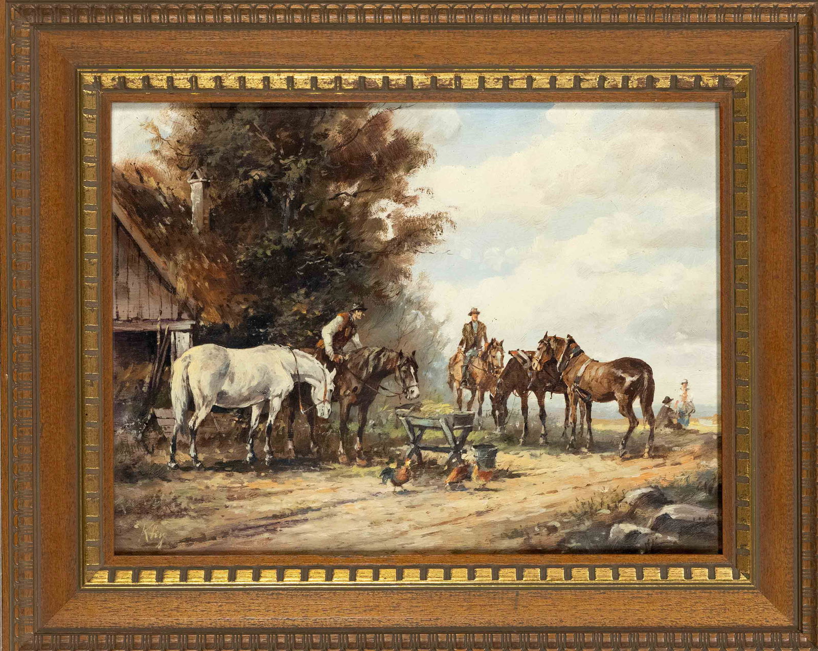 Hans Georg Kley (1916-?), Berl: Hans Georg Kley (1916-?), Berlin painter, studied in DÃ¼sseldorf, Munich and Berlin. Group with horses in front of a farmhouse, oil on plywood, signed lower left, 30 x 40 cm, framed 41 x 51 cm