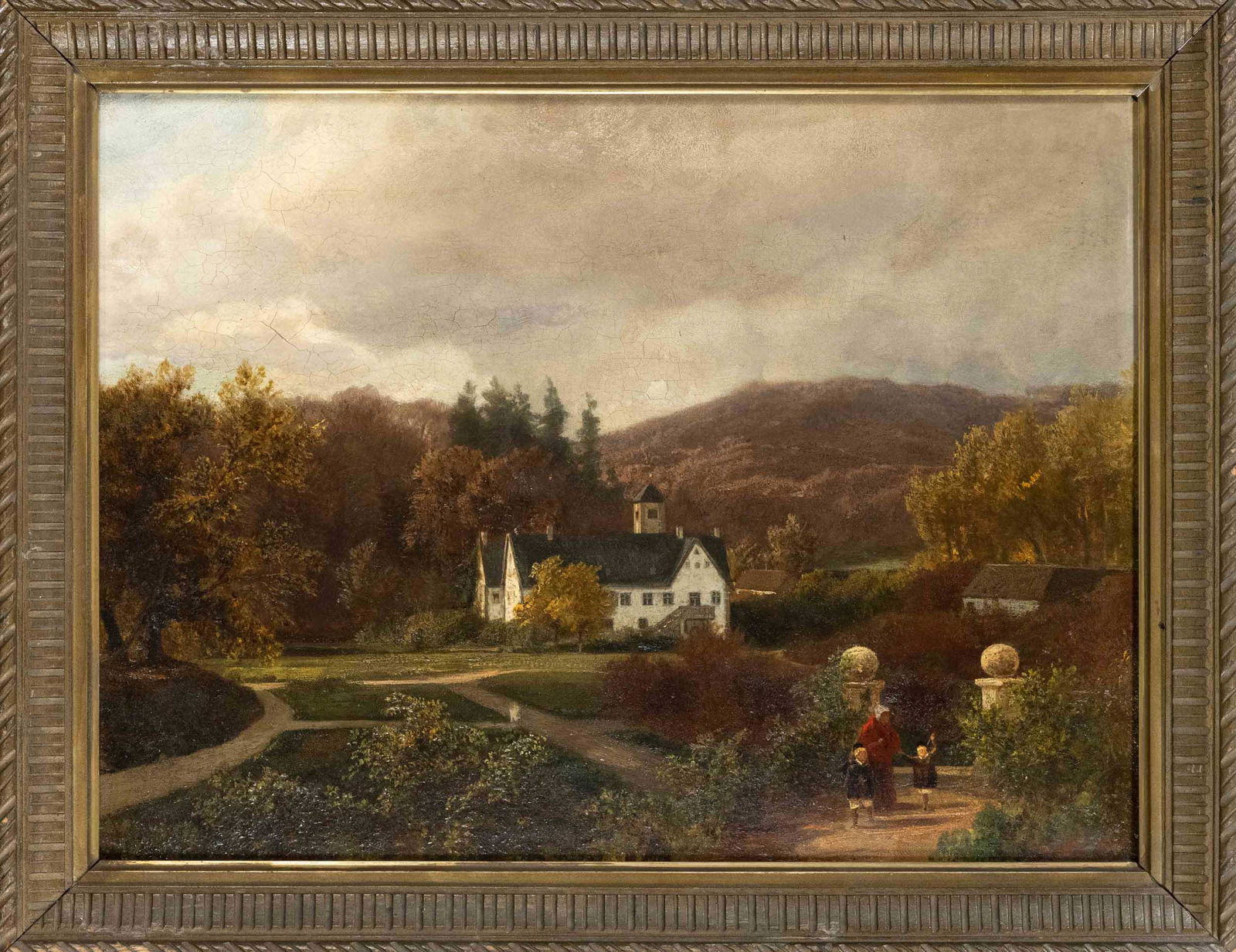 Robert Krause (1813-1885), ''T: Robert Krause (1813-1885), ''Tyrsbeck bey Weile. Jutland'', manor house in hilly landscape with staffage figures in the foreground, oil on canvas, lower right monogrammed and dated ''RK 1855'', verso