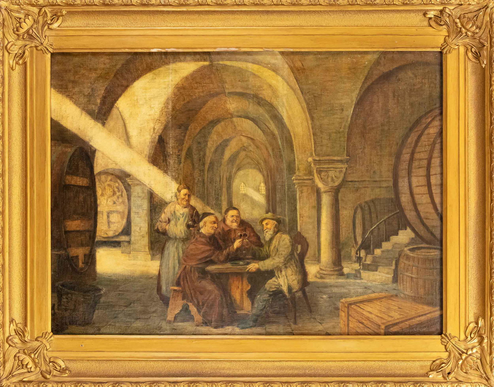 Karl Schmauser (1883-?), Three: Karl Schmauser (1883-?), Three monks toasting with a hunter in an imposing wine cellar, oil on canvas, signed lower right ''Karl P. Schmauser'', 55 x 76 cm, framed 75 x 95 cm