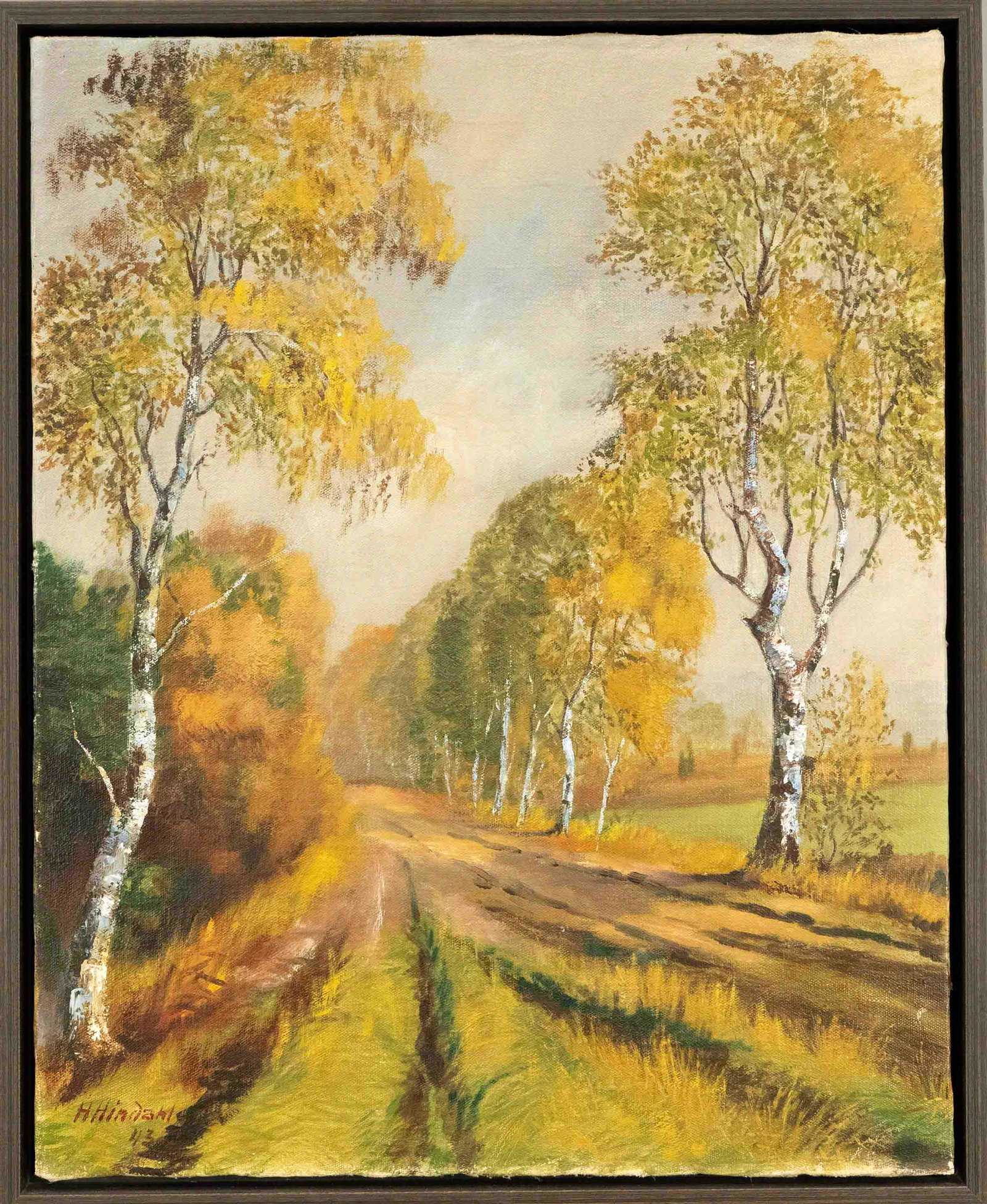 Johann Heinrich Hindahl (1895-: Johann Heinrich Hindahl (1895-1963), Birch Avenue in Autumn, oil on canvas, signed and dated 1943 lower left, 74 x 60 cm, framed 79 x 65 cm