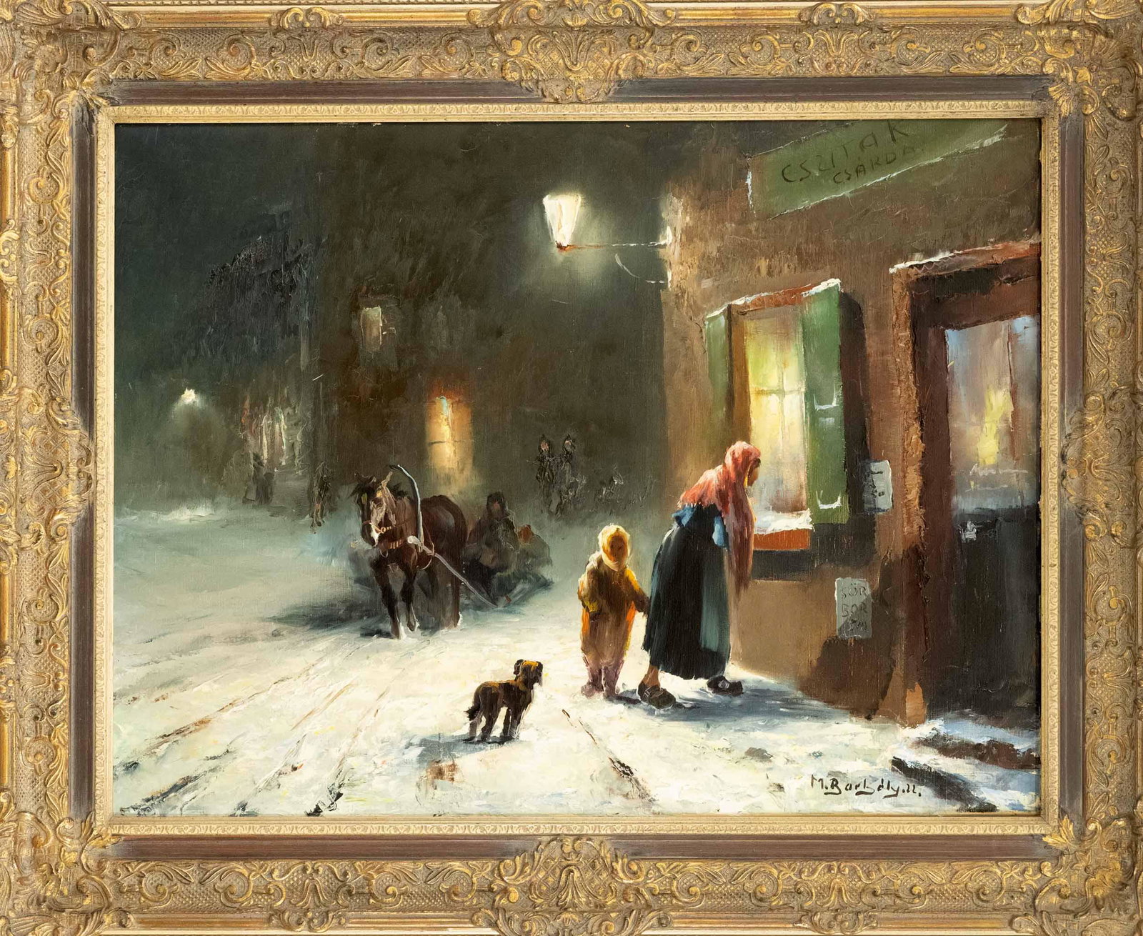 Michael Borbely (*1923), Hunga: Michael Borbely (*1923), Hungarian painter, Village in Winter, oil on canvas, signed lower right, 60 x 80 cm, framed 78 x 98 cm