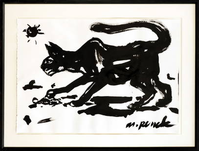 A.R. Penck (1939-2017), d.i. R: A.R. Penck (1939-2017), d.i. Ralf Winkler. Creeping cat, large ink brush drawing on textured machine-made paper, signed lower right ''ar Penck'', verso on the frame stamp of the frame manufactory Step