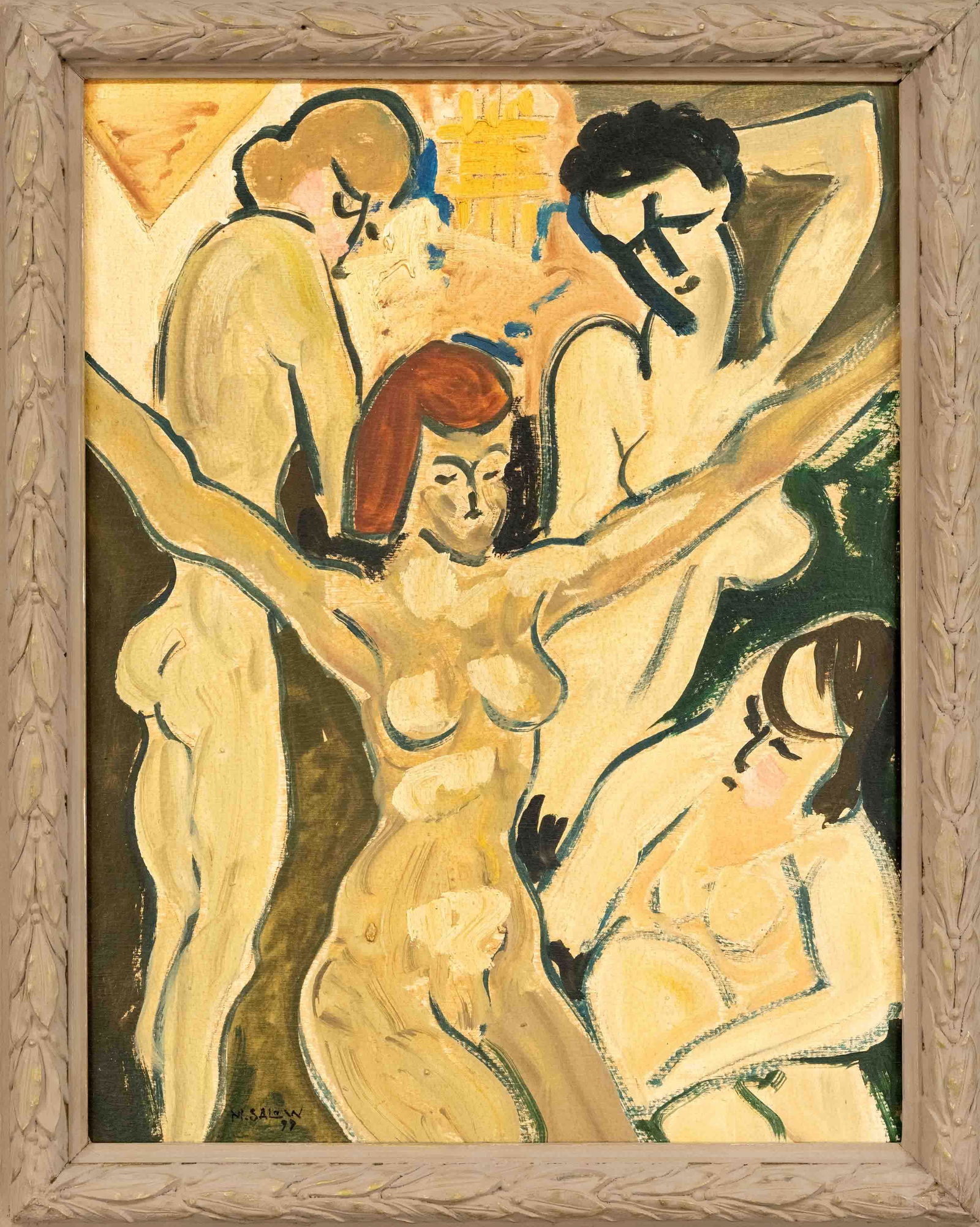 Manfred Salow (*1943), German: Manfred Salow (*1943), German painter and sculptor from Friedland in Mecklenburg-Vorpommern, four female nudes in the style of expressionism, oil on wood, signed and indistinctly dated lower left, 47