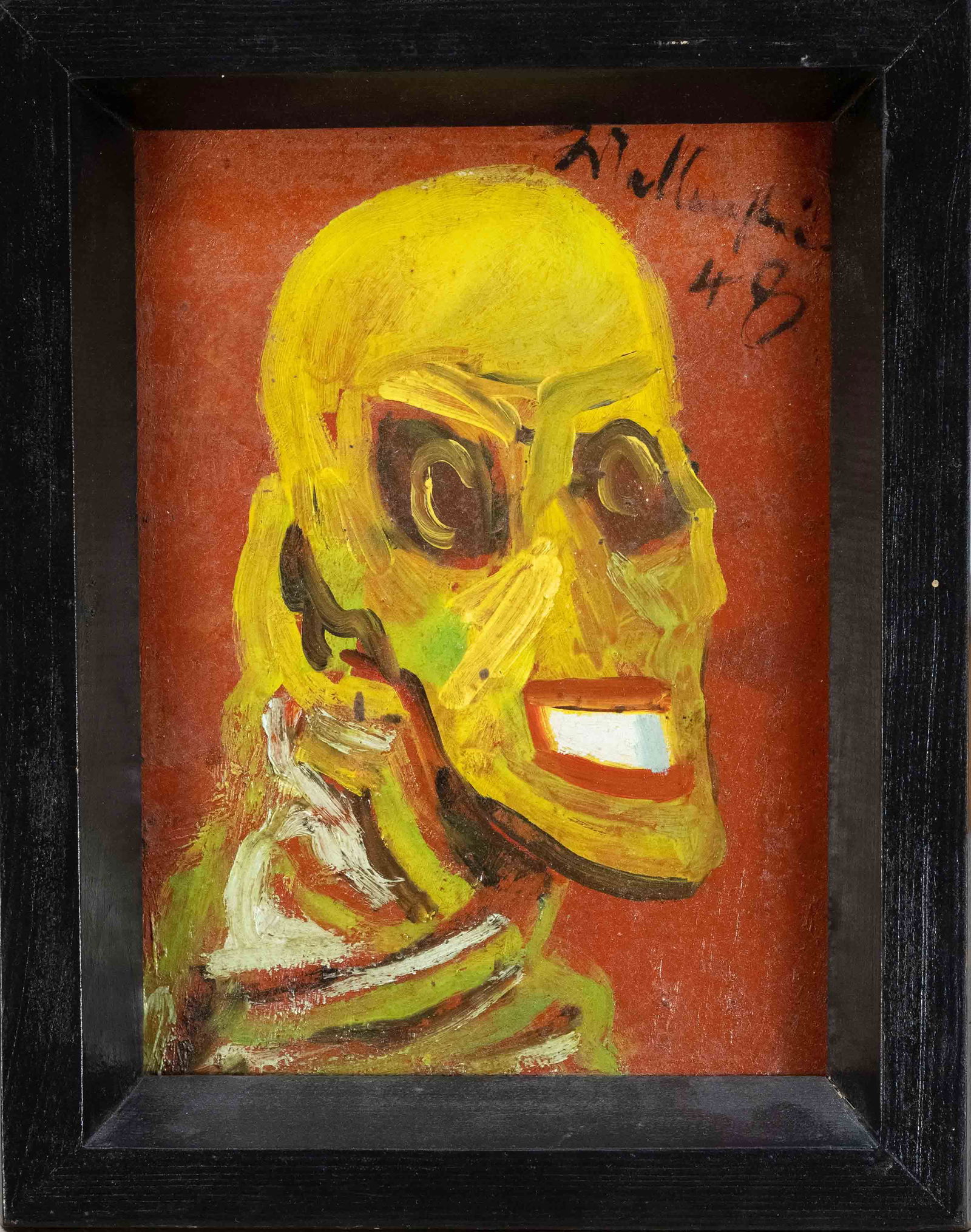 Walter Wellenstein (1898-1970): Walter Wellenstein (1898-1970), Berlin painter and graphic artist, ''Yellow Mask'', grotesque grimace in oil on cardboard, signed and dated (19)48 on top right, inscribed on verso, exhibited at Kunsta