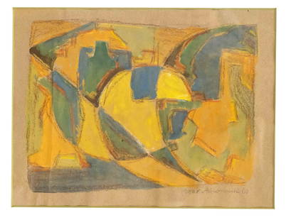 Max Ackermann (1887-1975), abs: Max Ackermann (1887-1975), abstract composition, oil crayon on brown paper, signed and dated lower right ''Max Ackermann (19)60'', 18 x 25 cm, framed behind glass and mount 33 x 43 cm