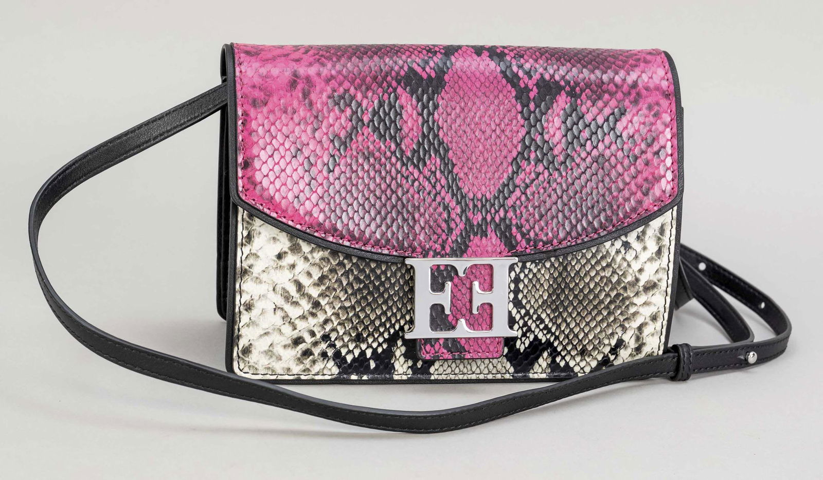 Escada, Small Crossbody Bag, mul: Escada, Small Crossbody Bag, multicolored embossed reptile-look leather, silver-tone hardware, slim detachable shoulder strap, flap with large frontal logo decorative buckle, textile interior, light s