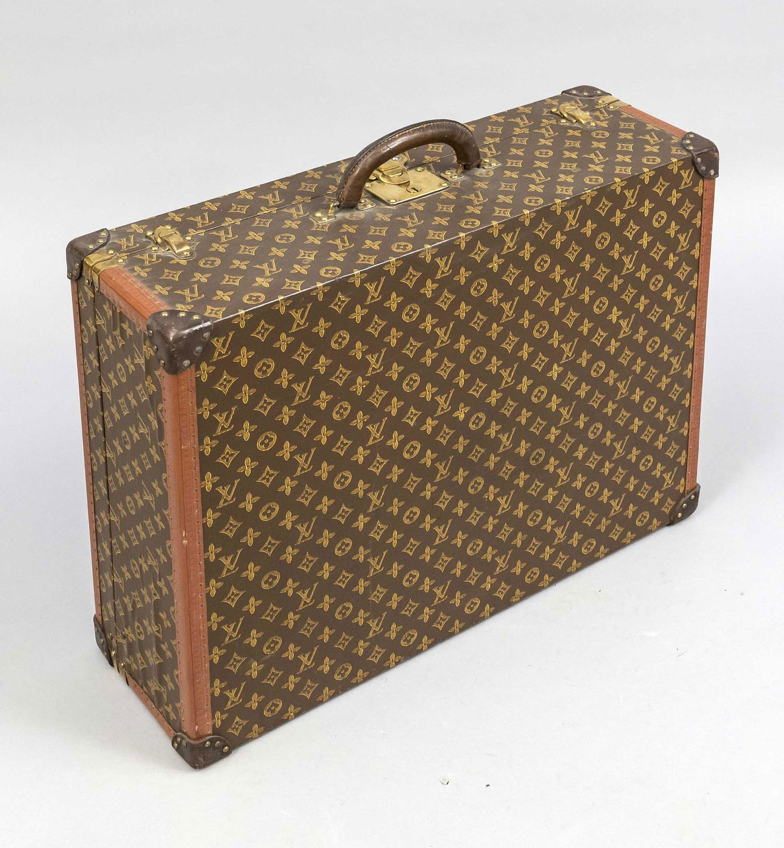 Louis Vuitton, large vintage mon: Louis Vuitton, large vintage monogram canvas men's travel case, hard shell case with rubberized cotton fabric in classic logo print design, gold-tone hardware and fittings, short center leather handle