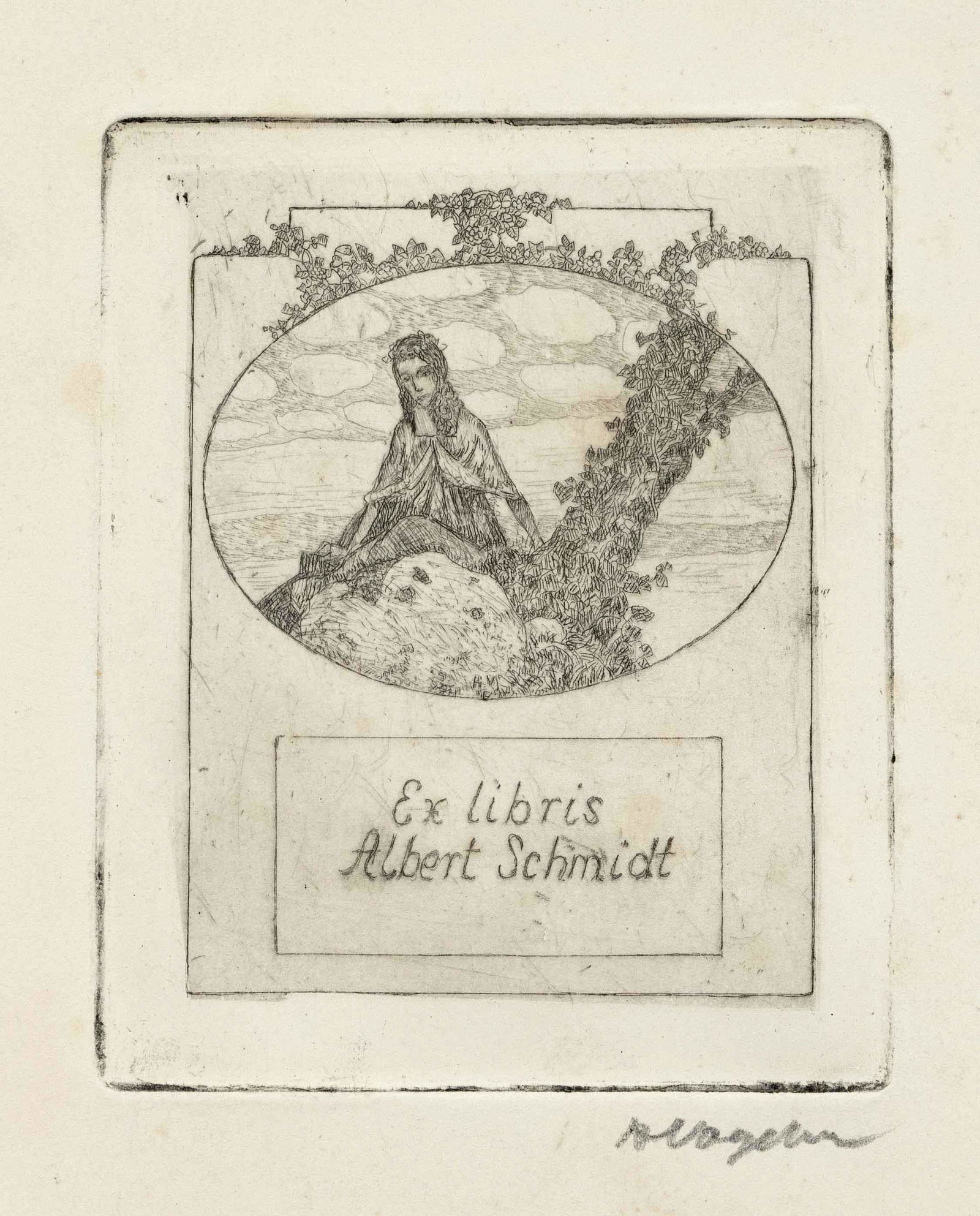 Vogeler, Heinrich. 1872 Bremen: Vogeler, Heinrich. 1872 Bremen - 1942 Karaganda/Kazakhstan. 4 bookplates Albert Schmidt, of which 3 state prints. Etchings, Rief 165, 1) condition with colored rock and tree trunk, without lettering,