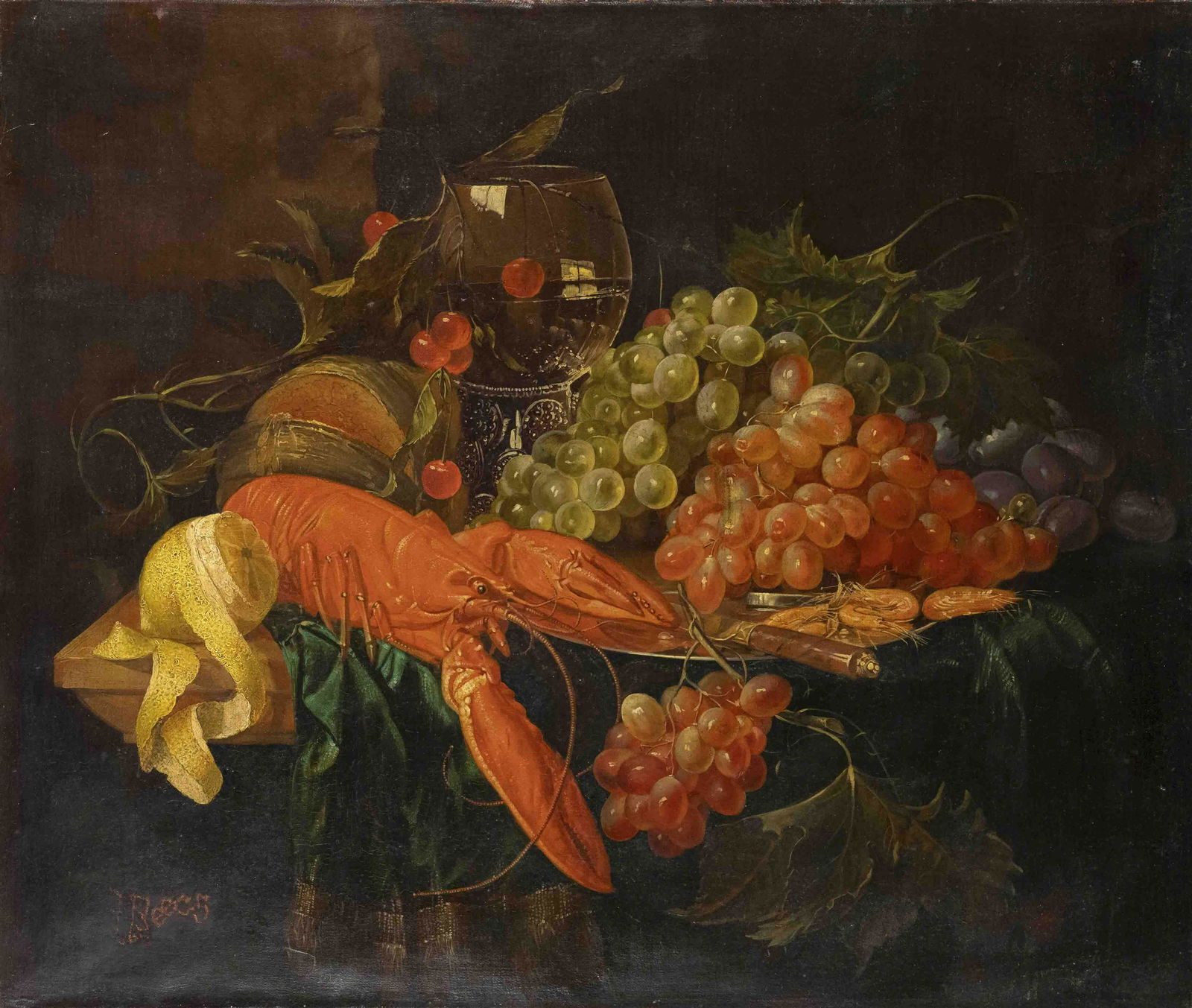 Unidentified painter of the 19: Unidentified painter of the 19th century, fine painterly still life with lobster, grapes and glass, oil on canvas, bottom left indistinctly signed ''J. Beech'' (?), relined, 53 x 64 cm
