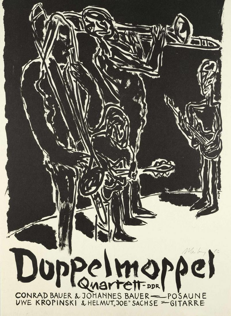 Helge Leiberg (*1954), ''Doppe: Helge Leiberg (*1954), ''Doppelmoppel'', signed lithograph for a poster of the Doppelmoppel Quartet with Conrad and Johannes Bauer, signed and dated (19)86 lower right, sheet size 70 x 50 cm