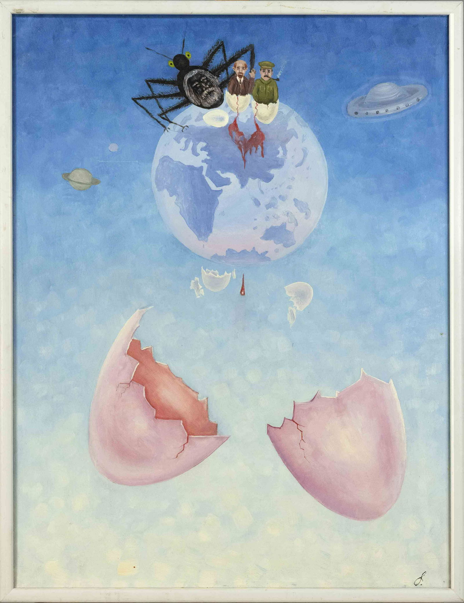 Russian surrealist 2nd h. 20th: Russian surrealist 2nd h. 20th c., surreal composition with Marx as a spider and Lenin with Stalin hatched from eggs, oil on canvas, monogrammed lower right, indistinctly signed in Cyrillic on verso,