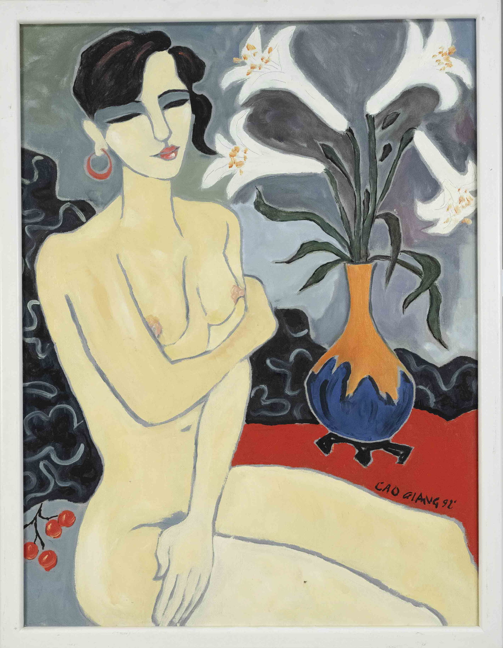 Cao Giang, Vietnamese artist l: Cao Giang, Vietnamese artist late 20th c., seated female nude with floral still life, oil on canvas, signed & dated (19)92 lower left, 78 x 58 cm, framed 82 x 62 cm