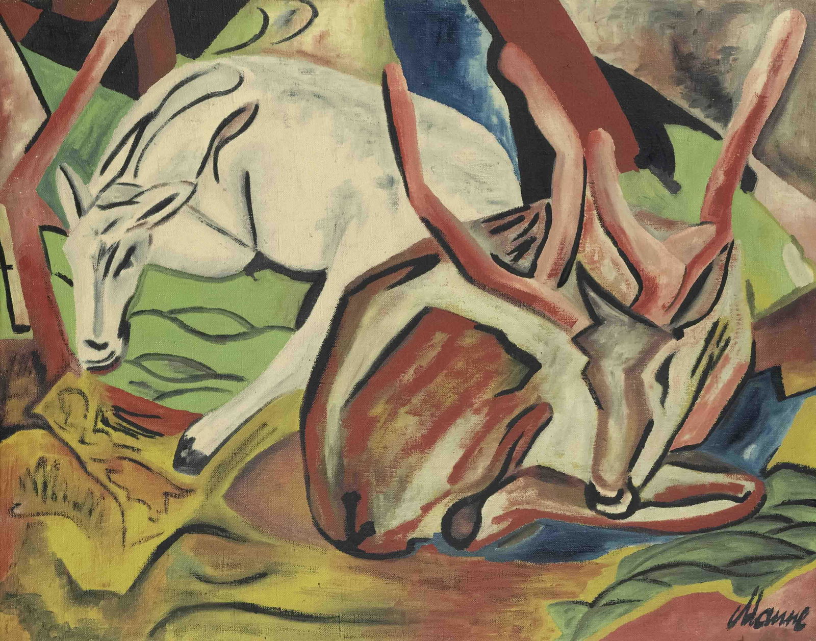 Franz Marc (1880-1916), copy a: Franz Marc (1880-1916), copy after, ''Deer in the Forest'', oil on canvas, signed lower left by an unknown copyist mid-20th century, 70 x 90 cm, in studio molding 73 x 93 cm