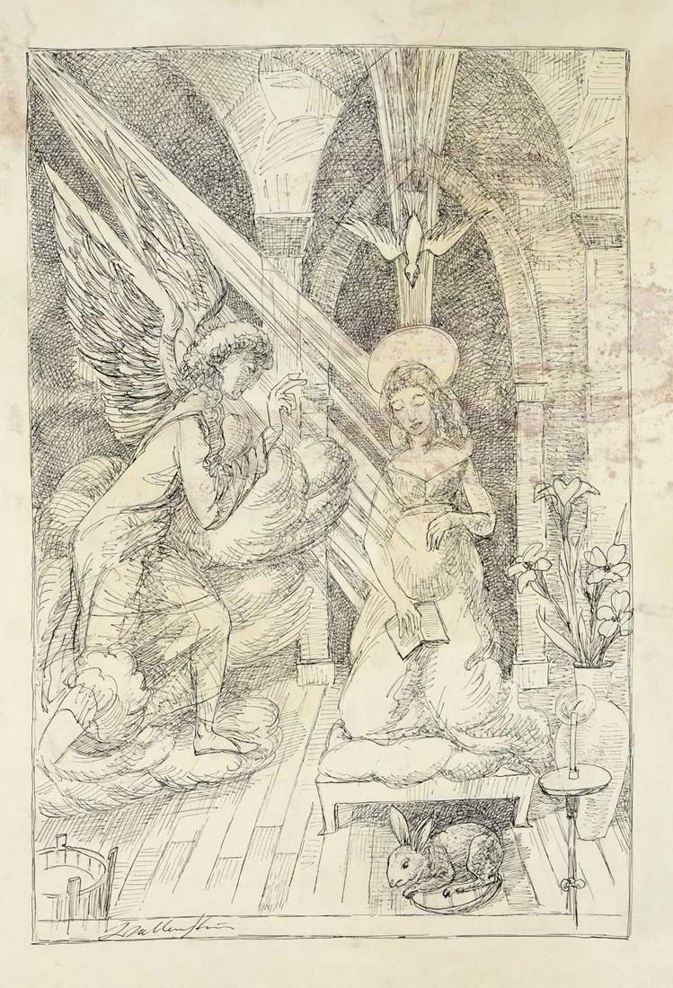 Walter Wellenstein (1898-1970): Walter Wellenstein (1898-1970), German painter and graphic artist, active in Berlin, collection of 15 surreal and Christian pen and ink drawings on paper, each signed and inscribed, mostly heavily sta