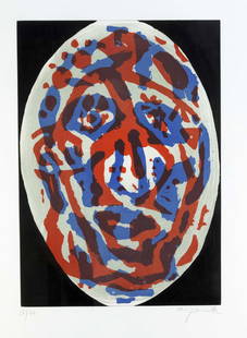 A.R. Penck (1939-2017), Face f: A.R. Penck (1939-2017), Face figure in oval, color aquatint on wove paper (papier vÃ©lin), signed by hand lower right, numbered lower left 27/70, 69 x 49 cm, framed behind glass and passepartout 89