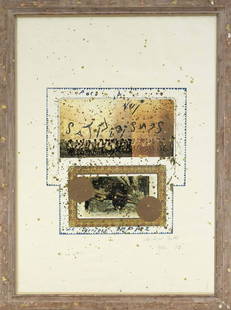Michael Buthe (1944-1994), o.T: Michael Buthe (1944-1994), o.T., color offset with speckled gold paint, signed and dated by hand lower right, and numbered 12/40, 58 x 42 cm, framed behind glass 65 x 50 cm