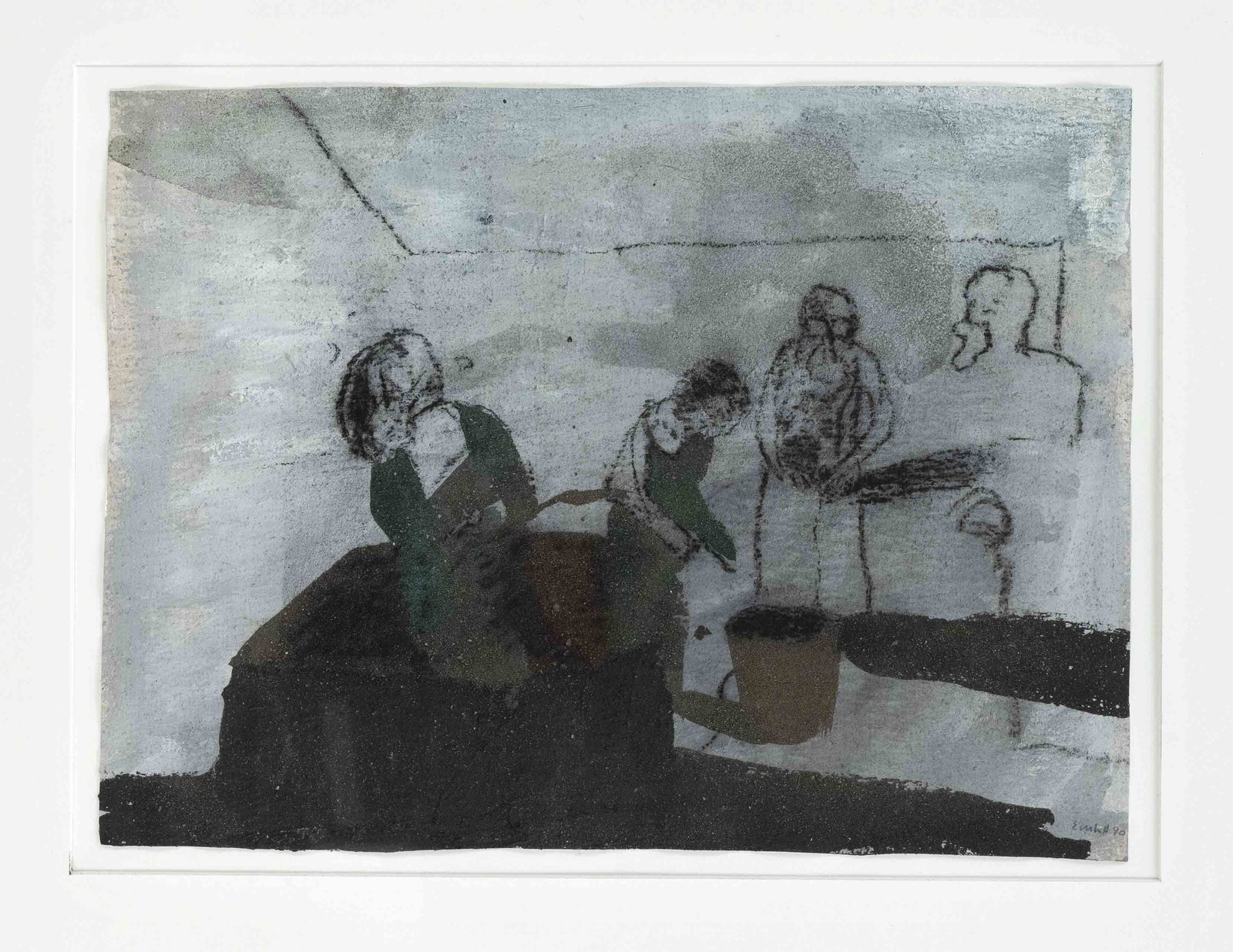 Friedrich Einhoff (1936-2018),: Friedrich Einhoff (1936-2018), figurative scene, mixed media on laid paper, signed and dated (19)90 lower right, 29 x 40 cm, framed behind glass and mount 47 x 62 cm