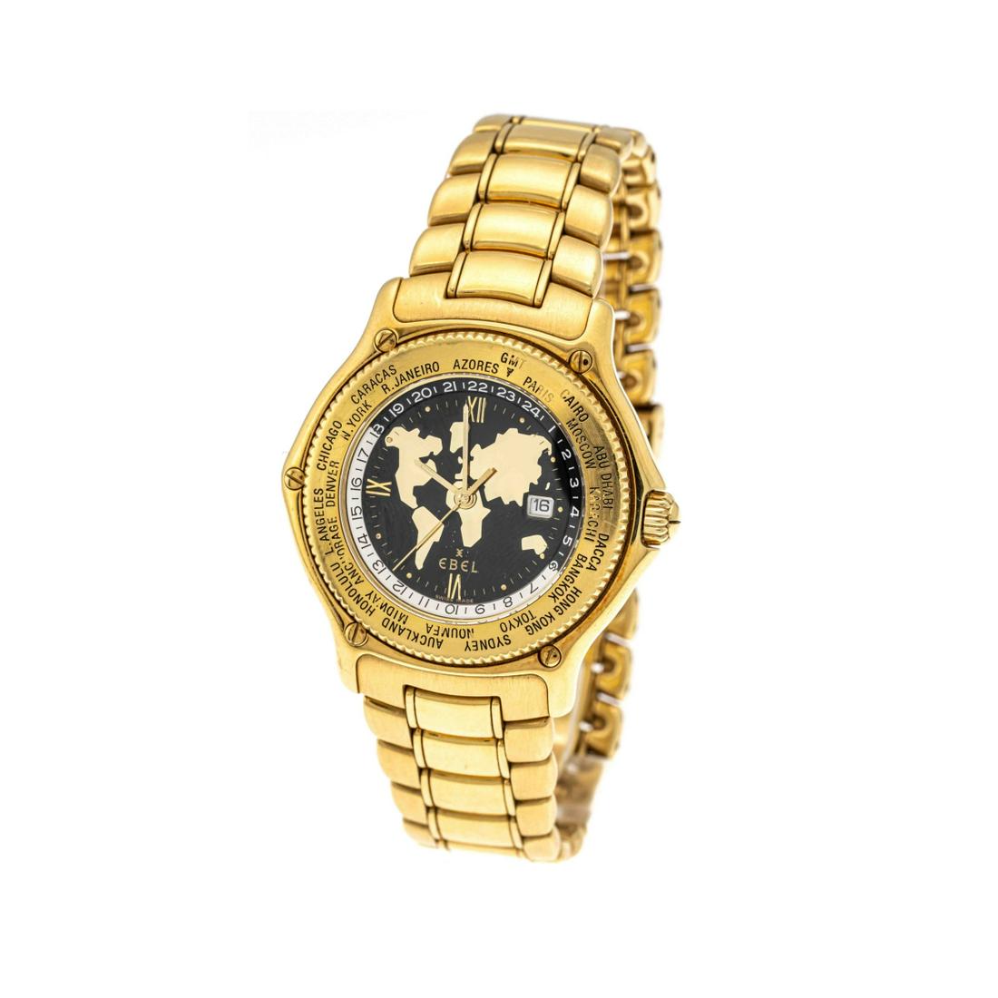 Ebel World Time Voyager GMT GG: Ebel World Time Voyager GMT GG 750/000, Ref. 8124913, automatic cal. running, case and bracelet polished and satinized, dial with world map, rotating 24 hour display, rotating bezel, screwed-in back,