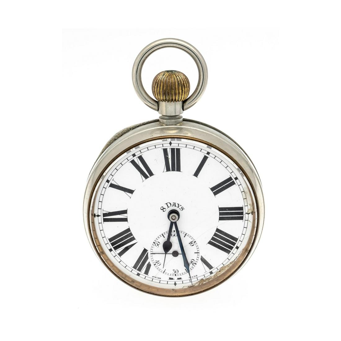 big swiss pocket watch in leat: big swiss pocket watch in leather case, nickel case, white enamel dial slightly cracked with chipping between 3 and 6 o'clock, black roman numerals, blued hands, small second at 6 o'clock, anchor esca