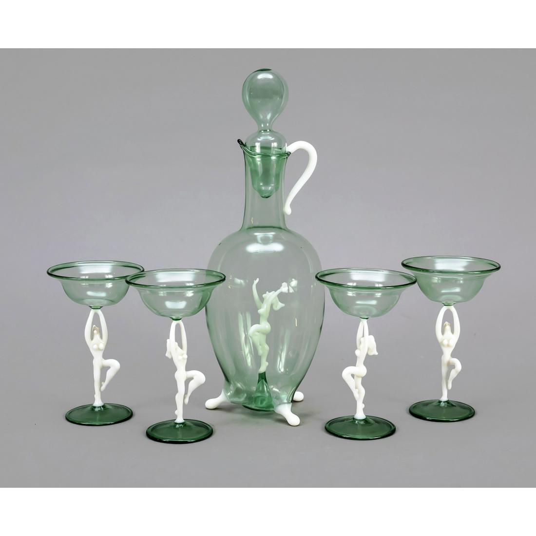 Five-piece Art Deco glass set,: Five-piece Art Deco glass set, Lauscha, designed by Fritz Lampl (1892-1955, Austrian writer and glass artist), carafe and 4 small glasses, round disc stand, figural shaft in the form of a female nude,