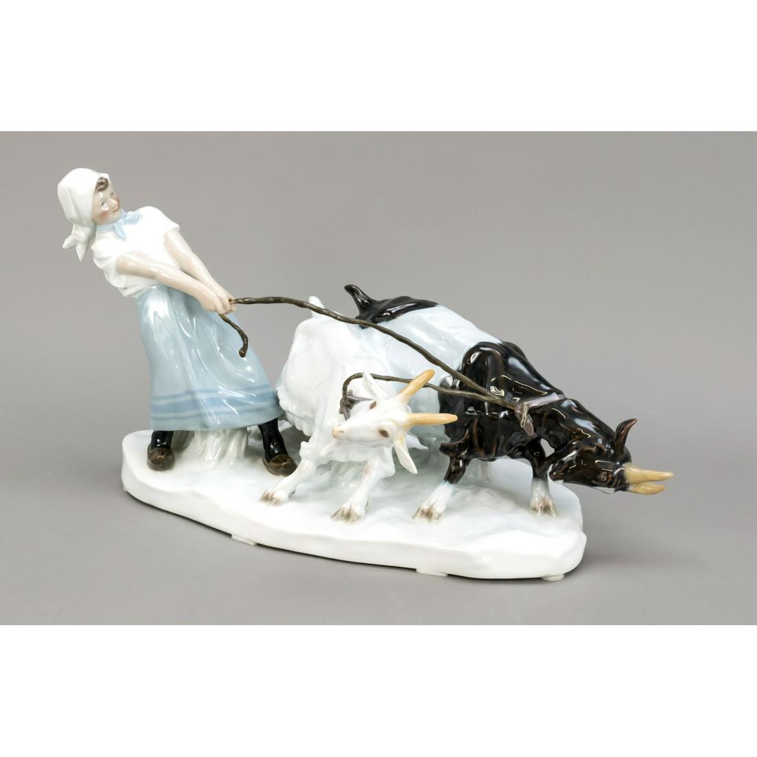 Goat shepherdess, Meissen, mar: Goat shepherdess, Meissen, mark after 1934, 1st choice, designed by Otto Pilz in 1906, model no. W 200, on oval plinth, polychrome painted in underglaze colours, restored horns, reins replaced, 25 x 4