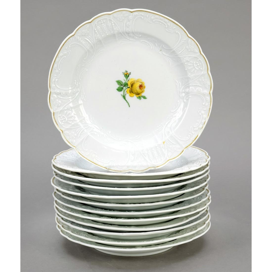 Twelve dessert plates, Meissen: Twelve dessert plates, Meissen, 20th century, 2nd choice, flag with ornamental relief decoration and ochre rim, mirror with yellow rose painting, Ã˜ 18,5 cm