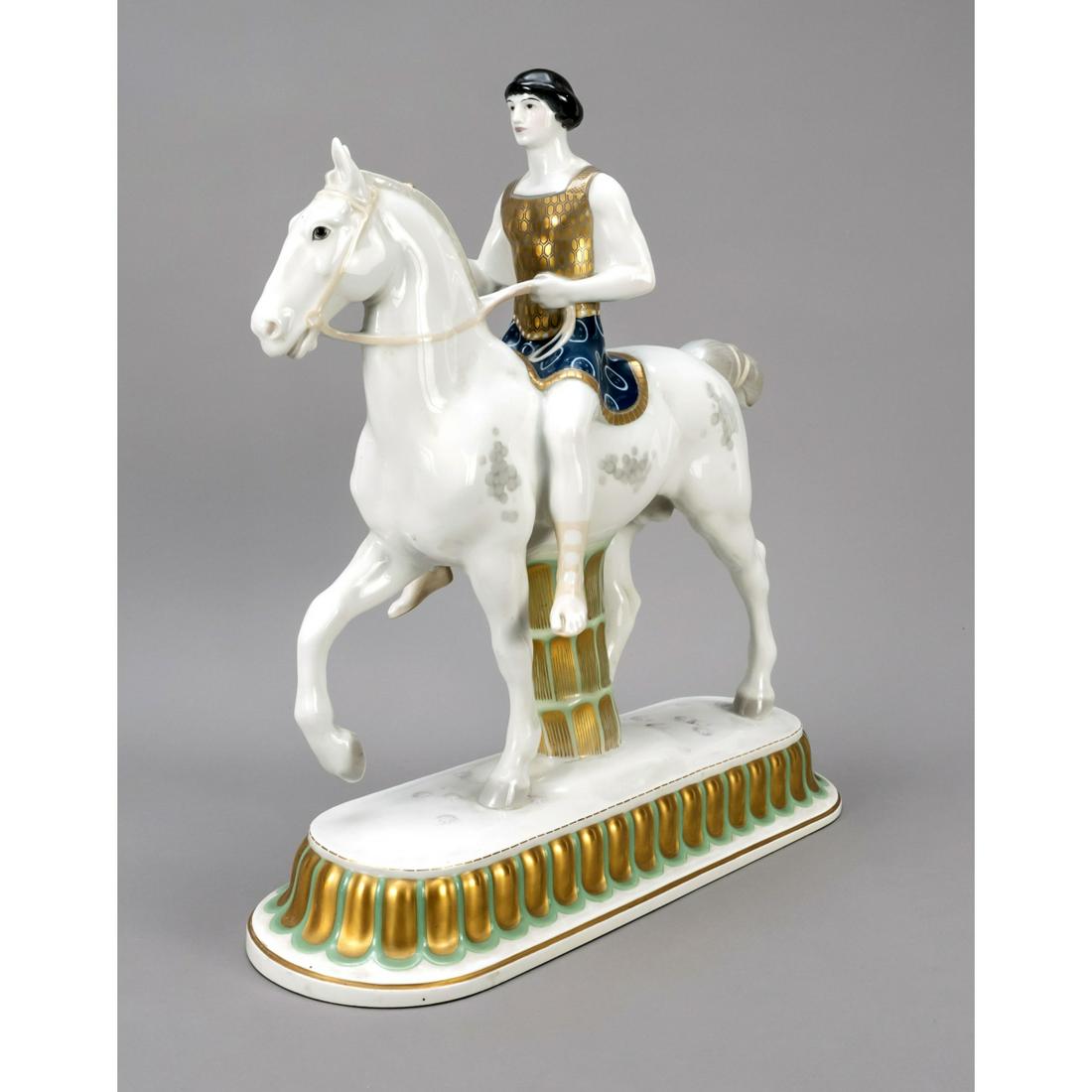 Art Nouveau equestrian figurin: Art Nouveau equestrian figurine, KPM Berlin, year letter for 1915, 1st choice, blue and red imperial orb mark with line, World War I mark, model no. 9423, model by Adolph Amberg 1905, main figure from