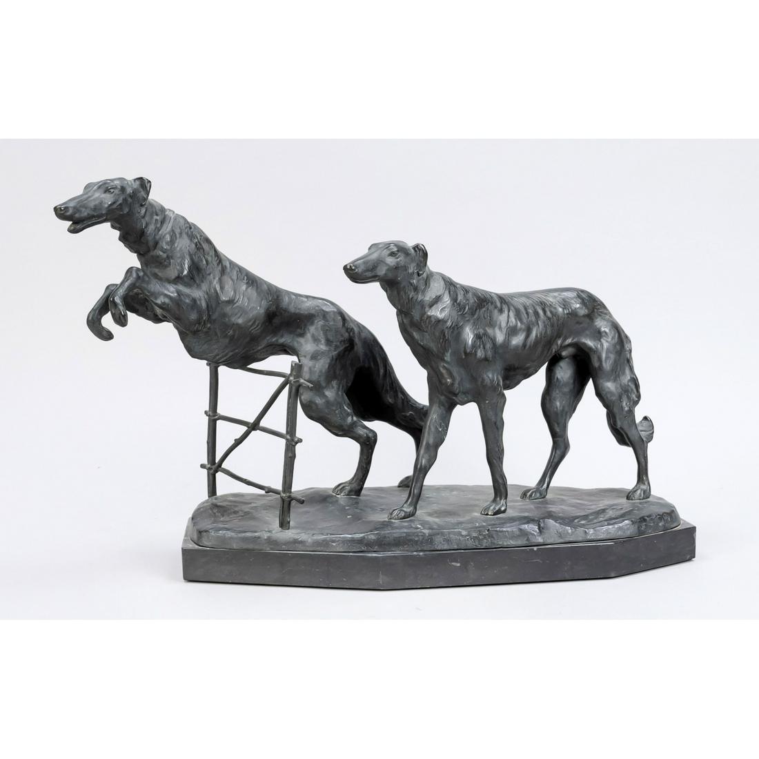 Rudolf Kaesbach (1873-1955), t: Rudolf Kaesbach (1873-1955), two Borzoi, patinated bronze on oblong terrain plinth over octagonal marble slab, signed in the plinth, 34 x 54 x 19 cm