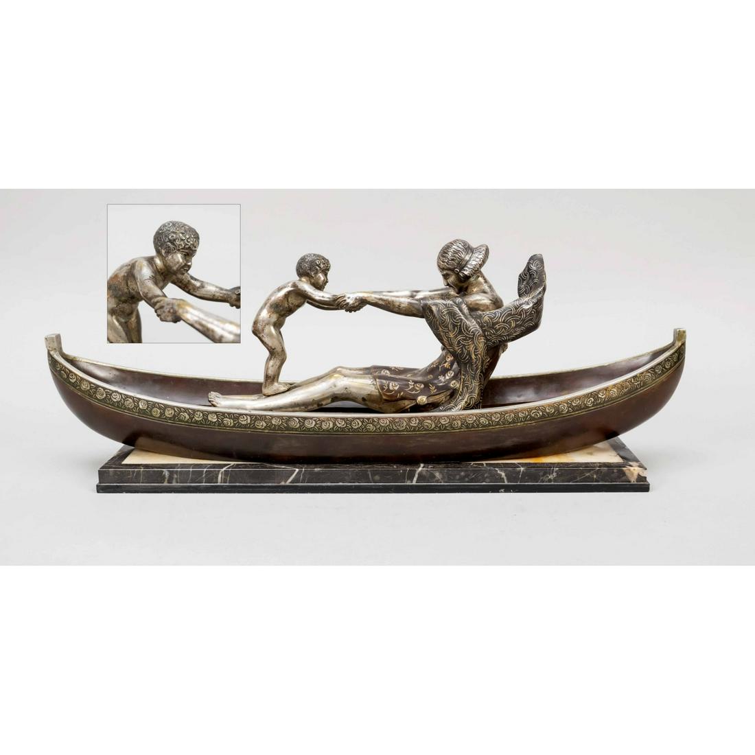 Fanny Rozet (1881-1921), Frenc: Fanny Rozet (1881-1921), French sculptress of the Art Deco and important member of the ''Evolution Group'' in Paris, playful scene of mother and child in a boat, bronze, partly silvered and patinated