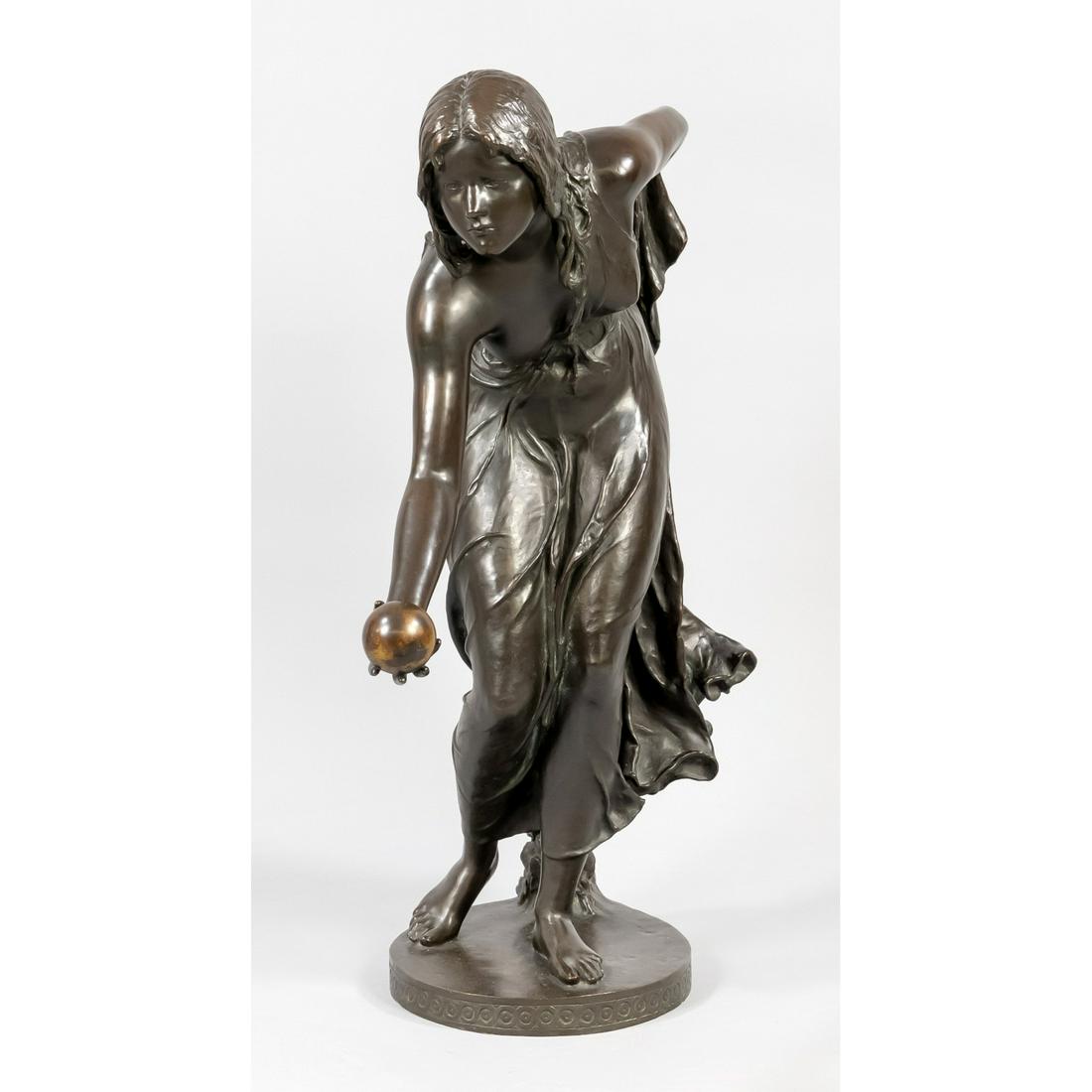 Walter Schott (1861-1938), the: Walter Schott (1861-1938), the ball player, dark patinated bronze on round plinth, signed inside, h. 75 cm