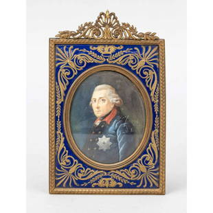 Miniature of Old Fritz (after: Miniature of Old Fritz (after Anton Graff), 19th c. Polychrome oil painting on a leg plate. Classicist bronze frame with blue enamel. Openwork top with palmette and tendrils. Hinged stand on the back,