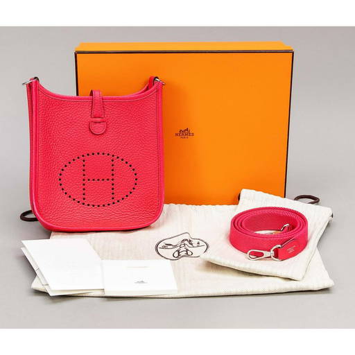 Lot - Hermes Rouge Red 'Evelyne PM' Leather Bag