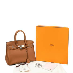 Hermes, Birkin Bag 30, cognac: Hermes, Birkin Bag 30, cognac grained togo leather (baby calfskin) with white contrasting decorative stitching, silver coloured hardware, short double handles, interior of same coloured grained leathe