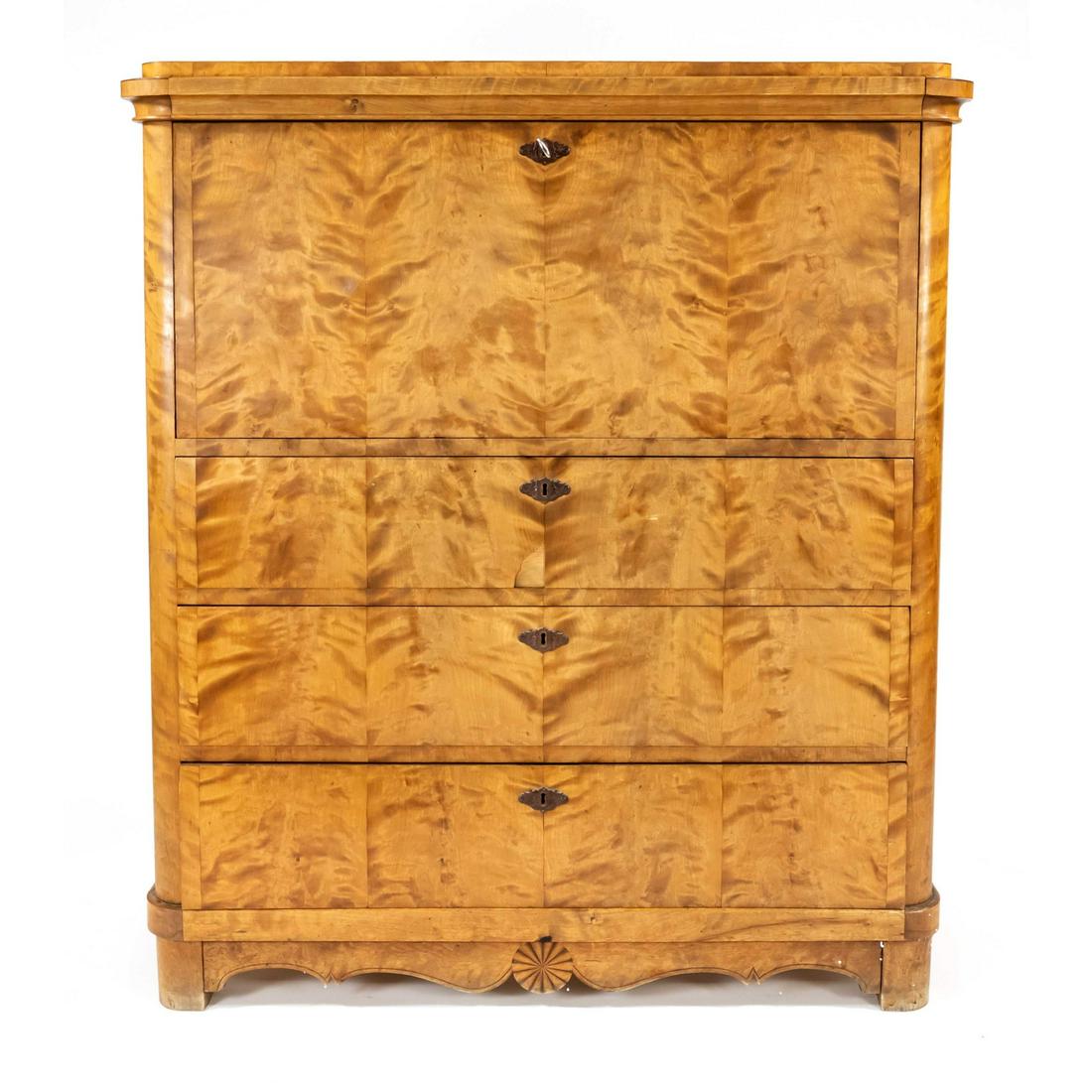 Biedermeier standing secretary: Biedermeier standing secretary c. 1840, birch veneer, straight corpus bevelled at the corners with three drawers, straight writing surface, 135 x 116 x 47 cm.