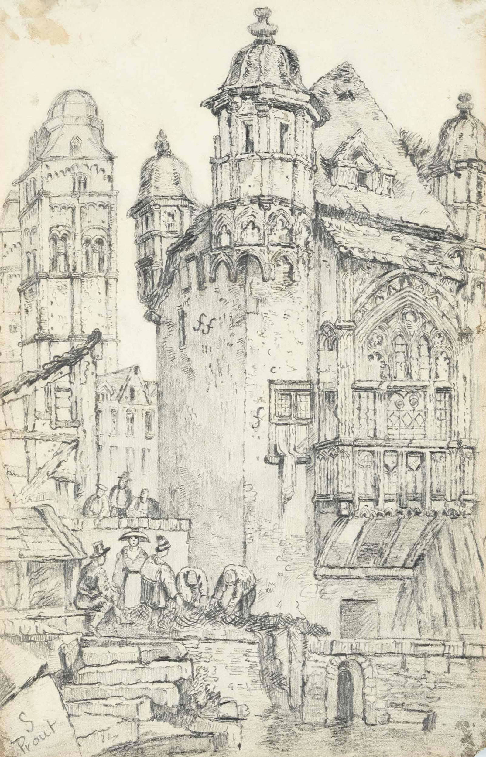 Samuel Prout (1783-1852) (attr: Samuel Prout (1783-1852) (attrib.), group of 6 drawings with detailed views of LiÃ¨ge and other towns (?), partly washed pencil drawings with attention to the architectural details, two sheets signe