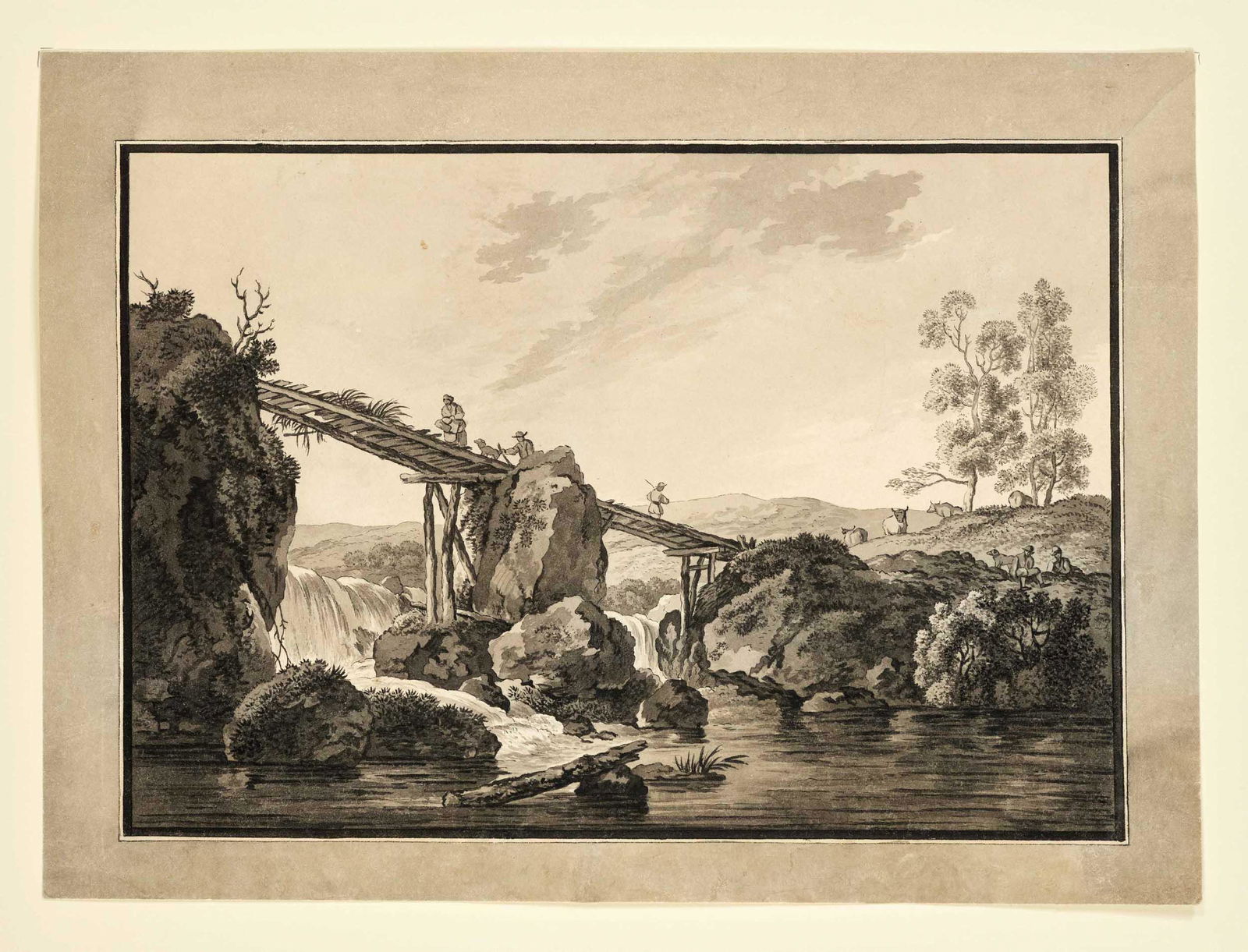 Mixed lot of 5 drawings by dif: Mixed lot of 5 drawings by different artists of the 18th/19th century: Landscape with wooden bridge and staffage, pen and brush, attributed to Balthasar Anton Dunker (1746-1807), Landscape with staffa