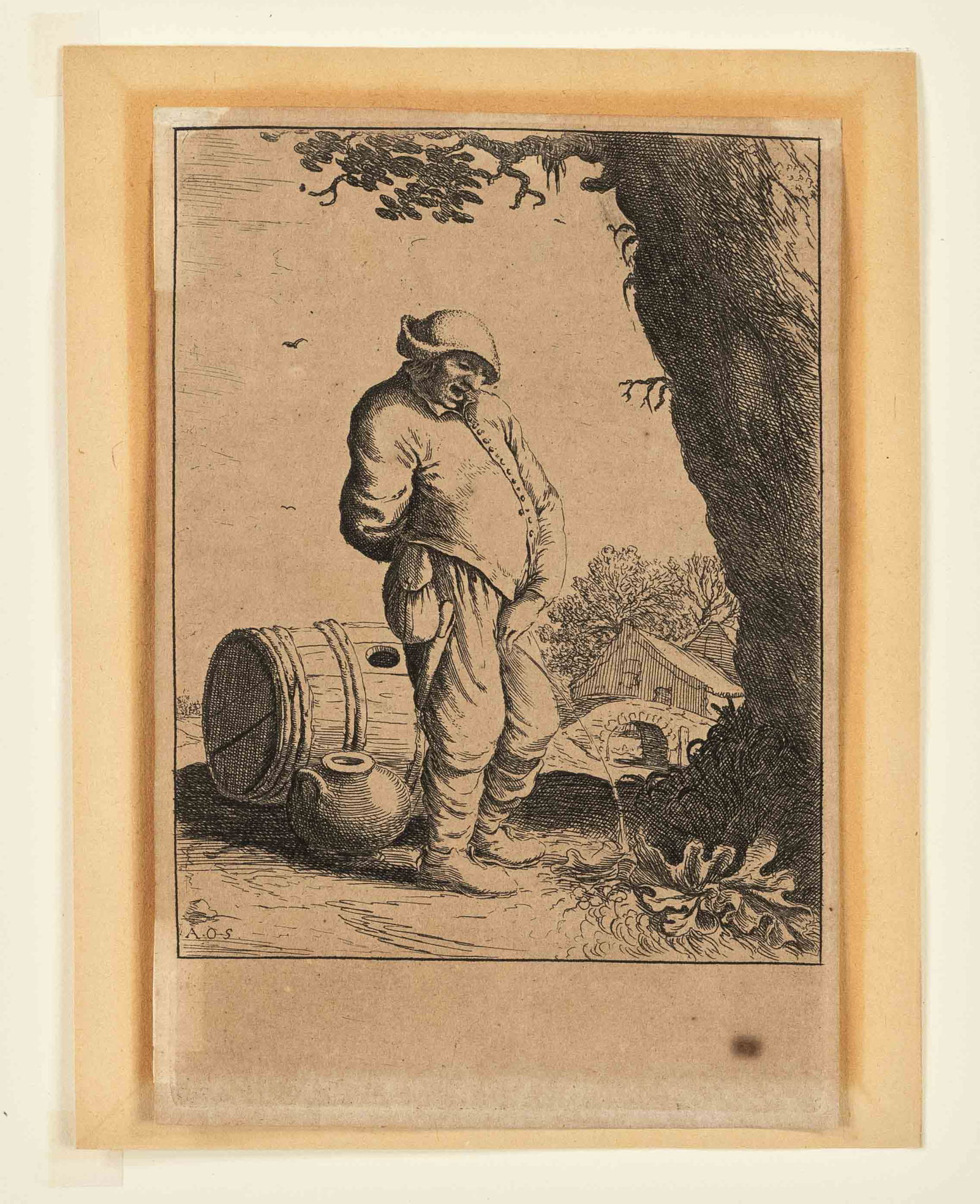 Mixed lot of 9 prints by diffe: Mixed lot of 9 prints by different artists of the 17th-19th century: the pissing farmer by Willem Basse (ca.1613-1672) after Ostade in strongly browned impression, etching ''two goats'' by Johann Hein